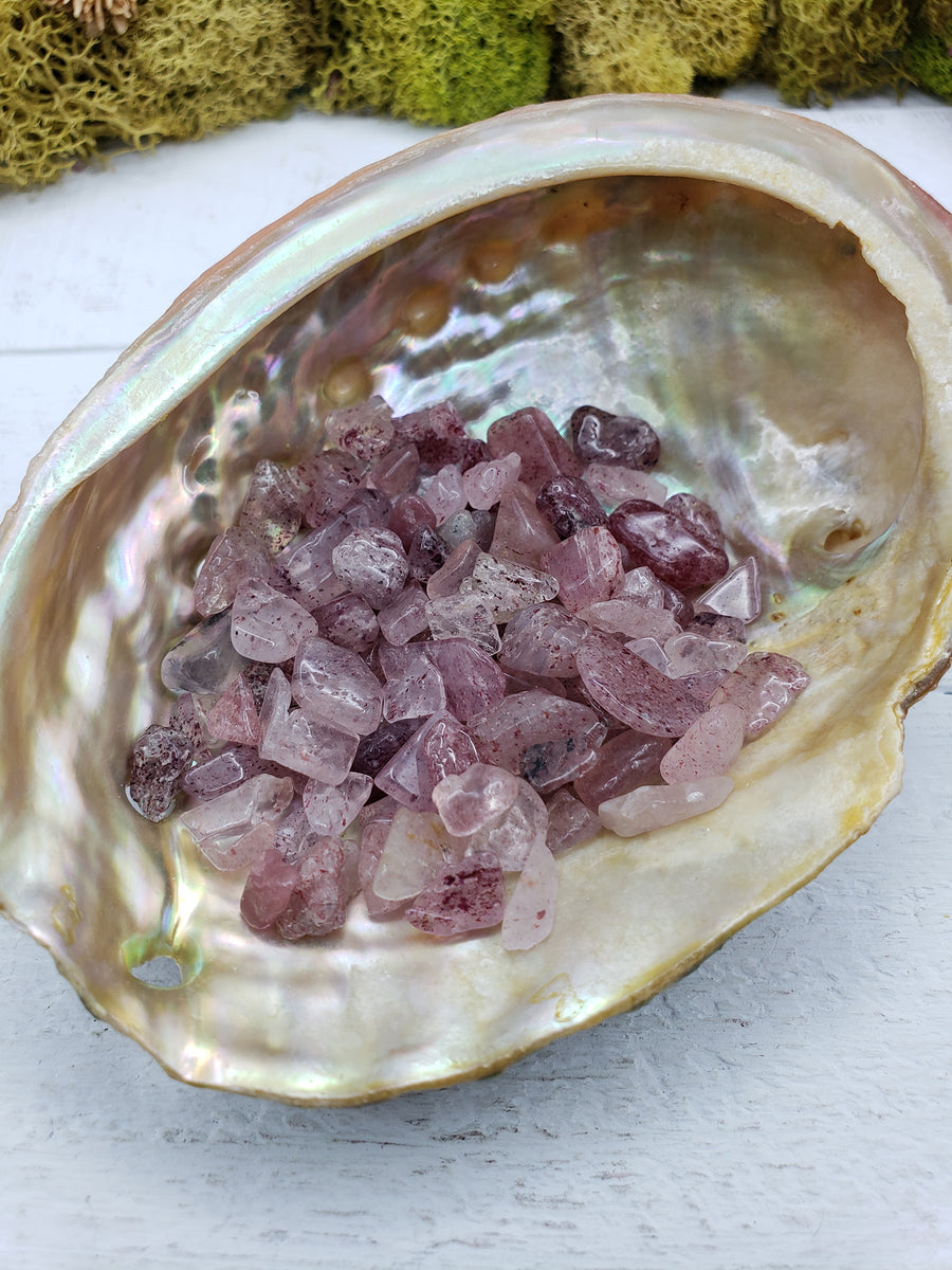 one ounce of strawberry quartz chips in abalone shell
