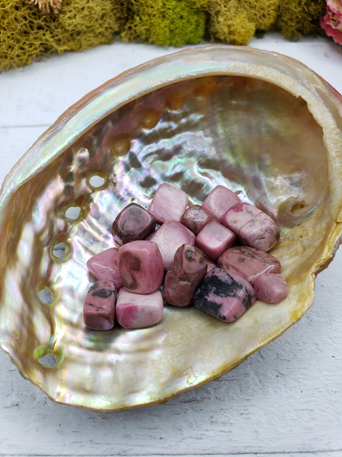 Abalone shell with one ounce of rhodonite pebble stones