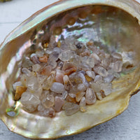 one ounce of cherry blossom agate chips in abalone shell
