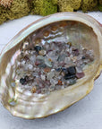 One ounce of mixed agate stone chips in abalone shell