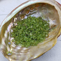 One ounce of peridot stone chips in abalone shell