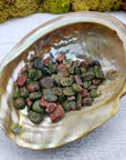 1 ounce of unakite stone chips in abalone shell