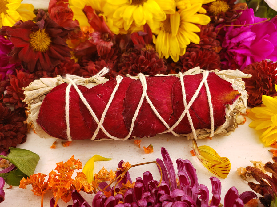 White Sage & Rose Petals 3"- 4" Smudge Stick Bundle