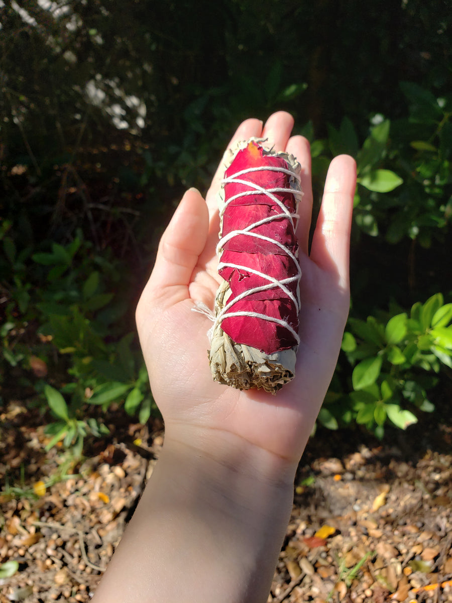 White Sage & Rose Petals 3"- 4" Smudge Stick Bundle