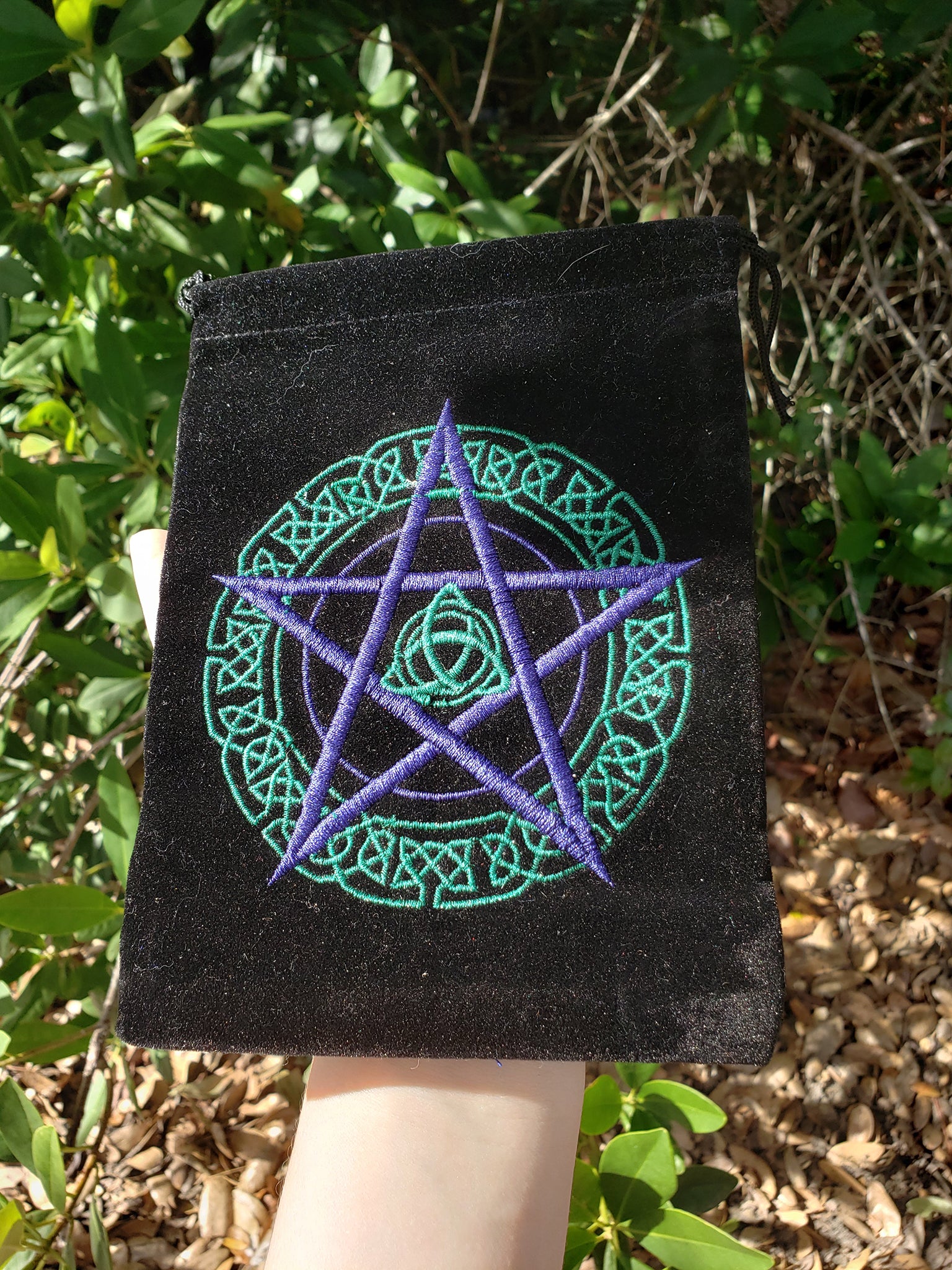 Pentacle &amp; Triquetra Embroidered Black Velvet Stone Pouch