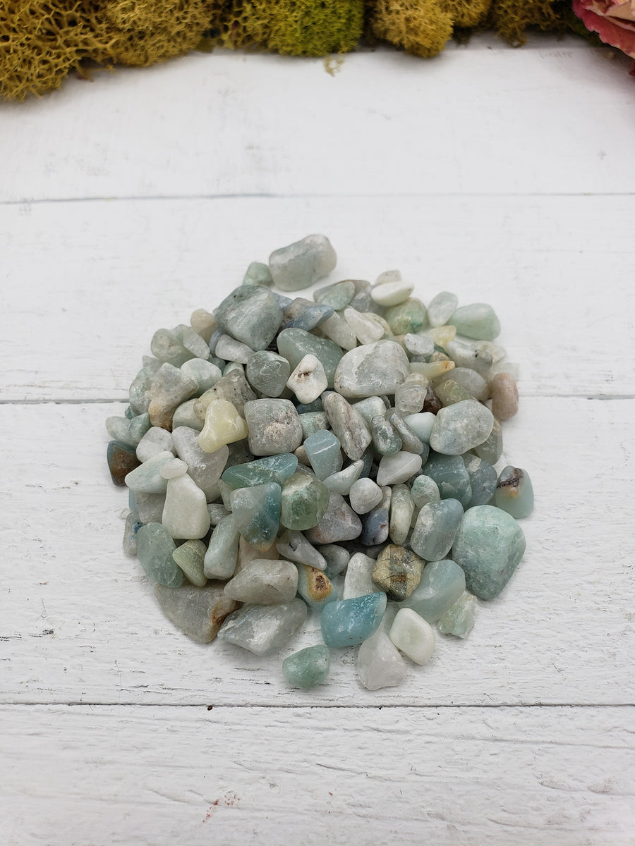 two ounces of amazonite crystal chips on display