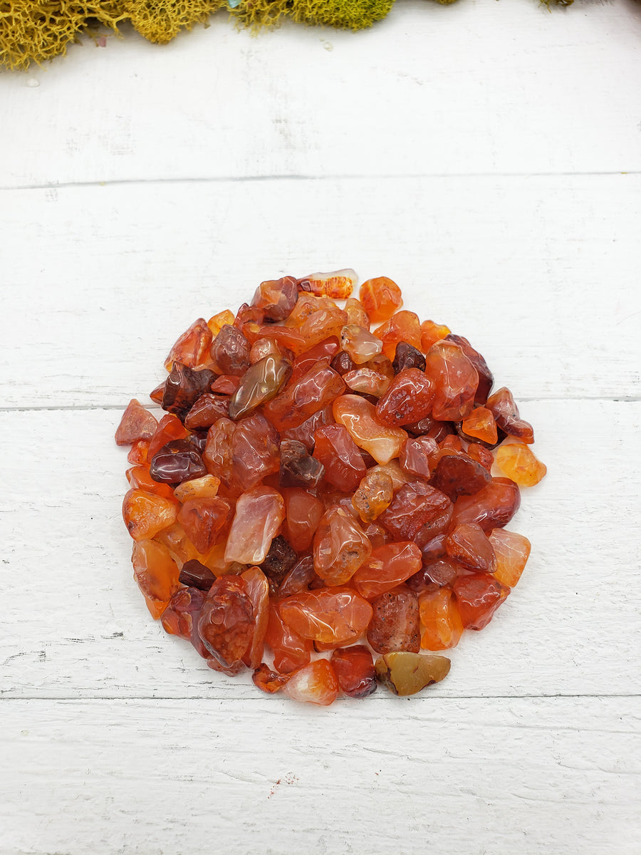 two ounces of carnelian stone chips on display
