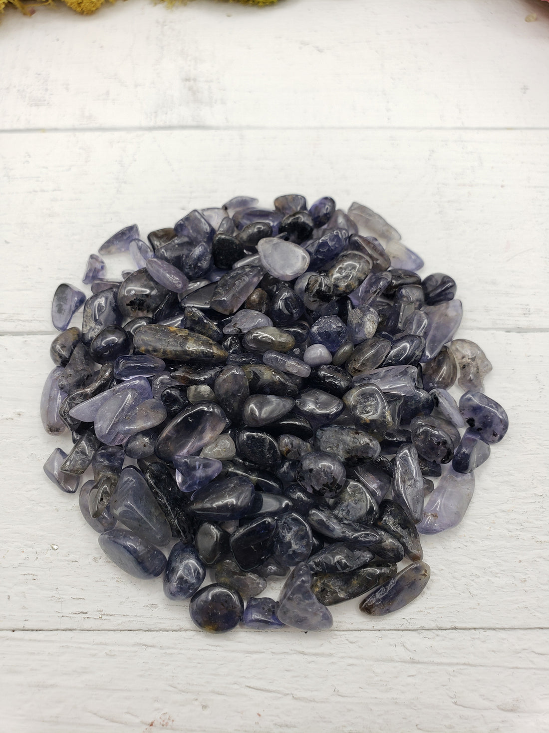 Two ounces of iolite crystal chips on display