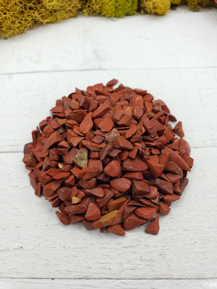 crystal display with two ounces of red jasper stone chips