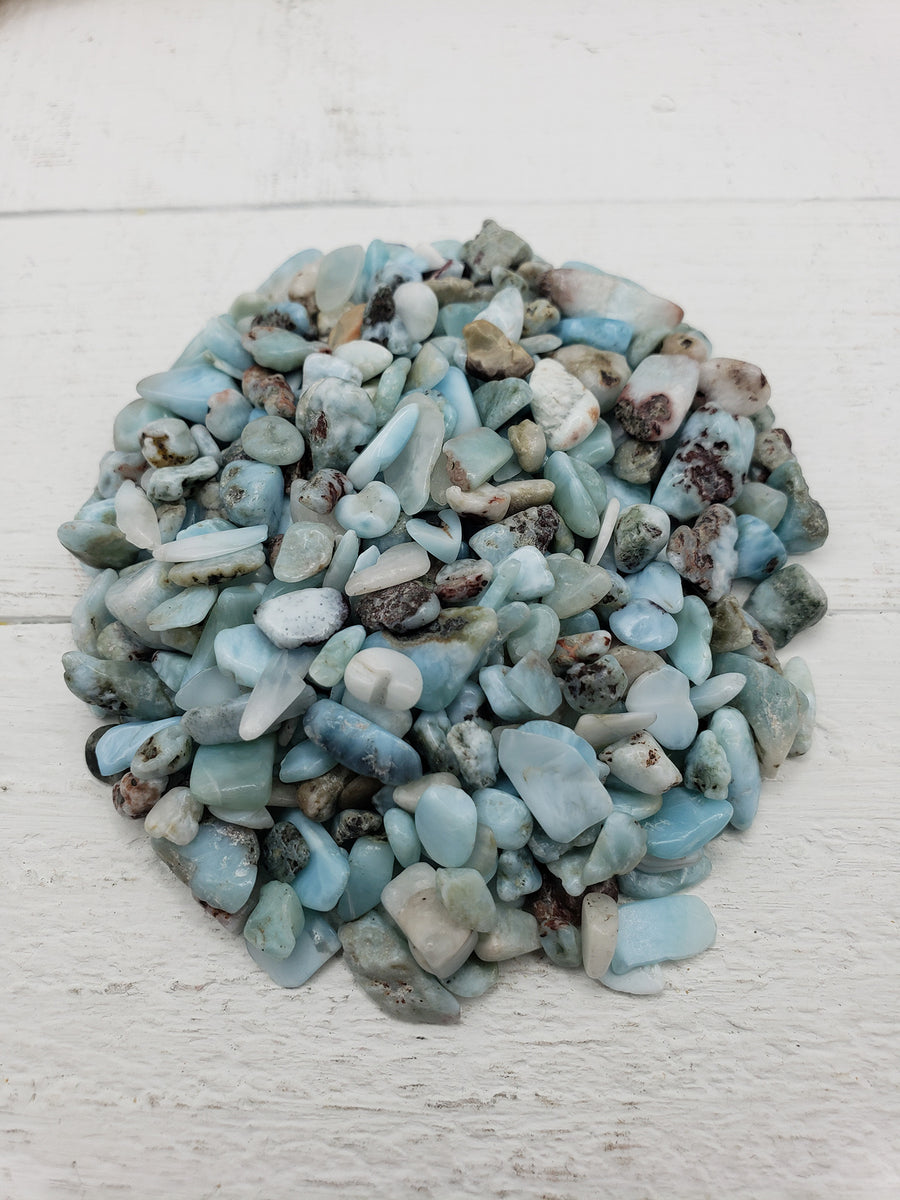 Two ounces of larimar stone chips on display
