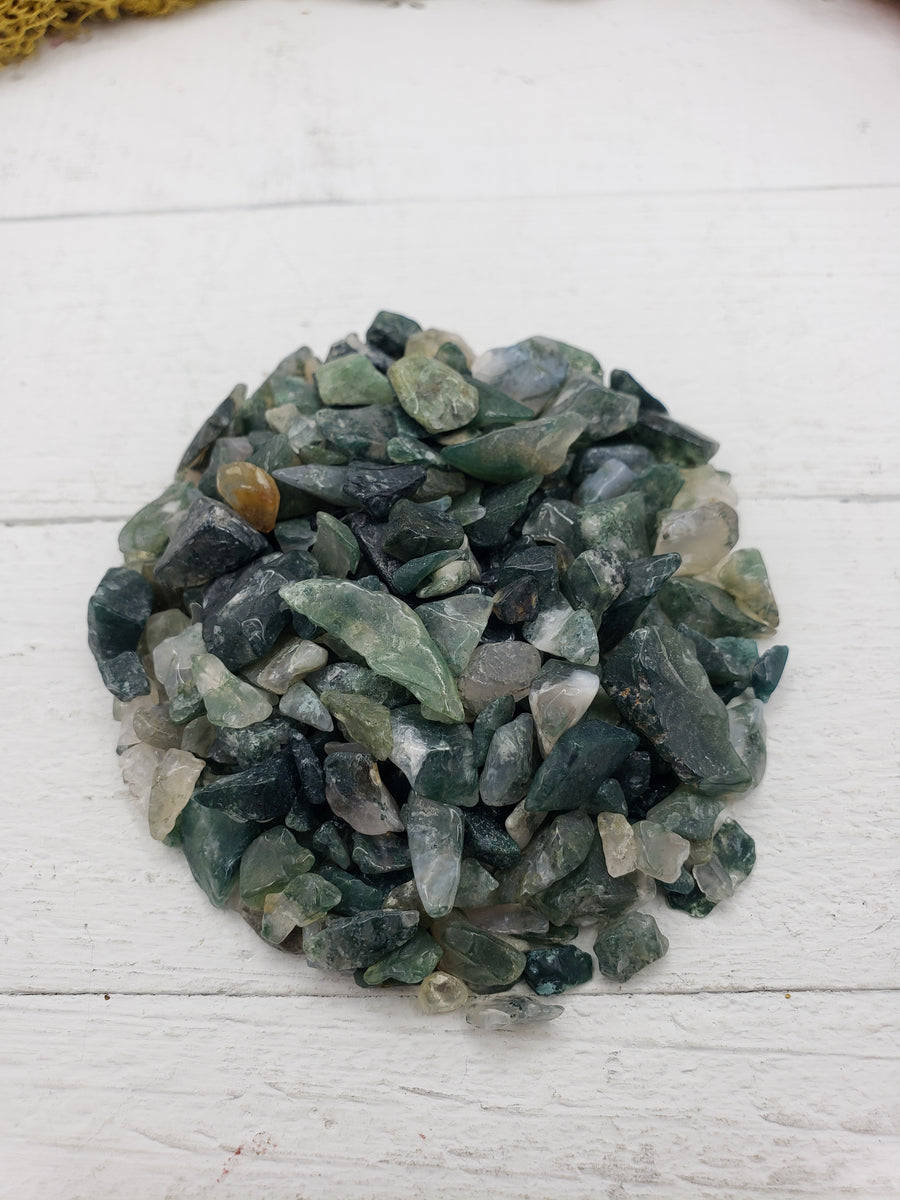 Two ounces of green moss agate chips on display