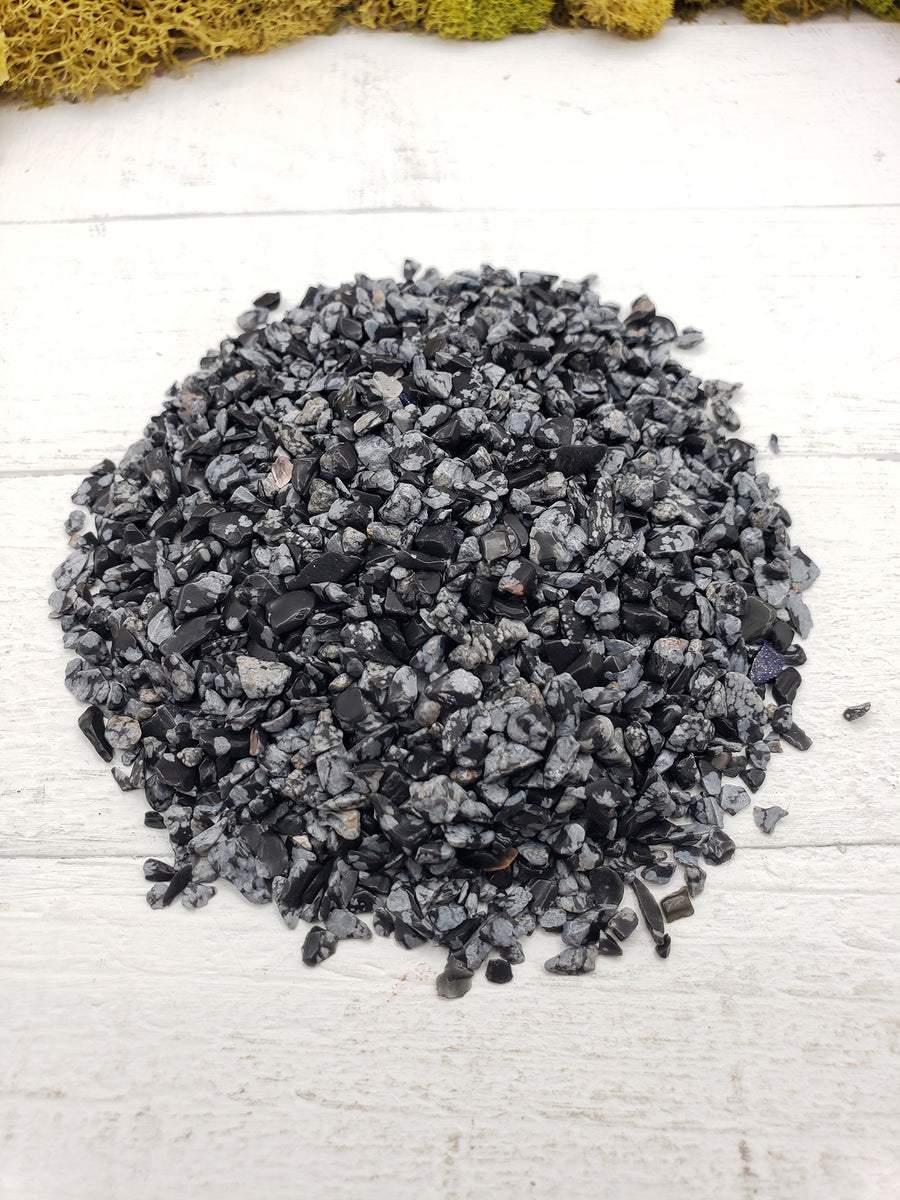 two ounces of snowflake obsidian crystal chips on display