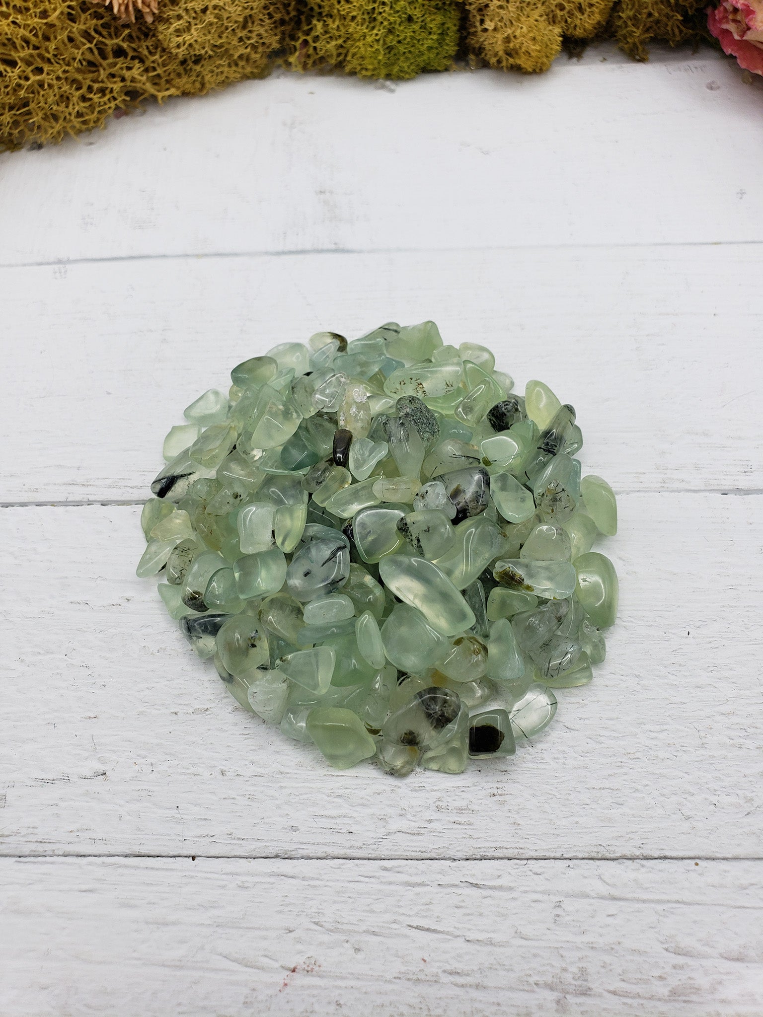 Two ounces of prehnite chips on display