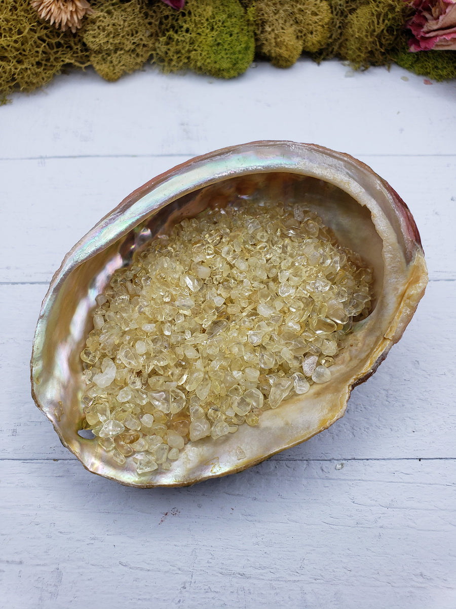 two ounces of citrine crystal chips in abalone shell