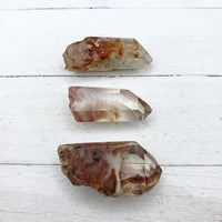 angel phantom quartz stones on display