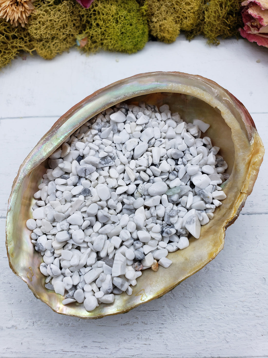 Three ounces of howlite crystal chips on abalone shell