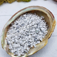 Three ounces of howlite crystal chips on abalone shell