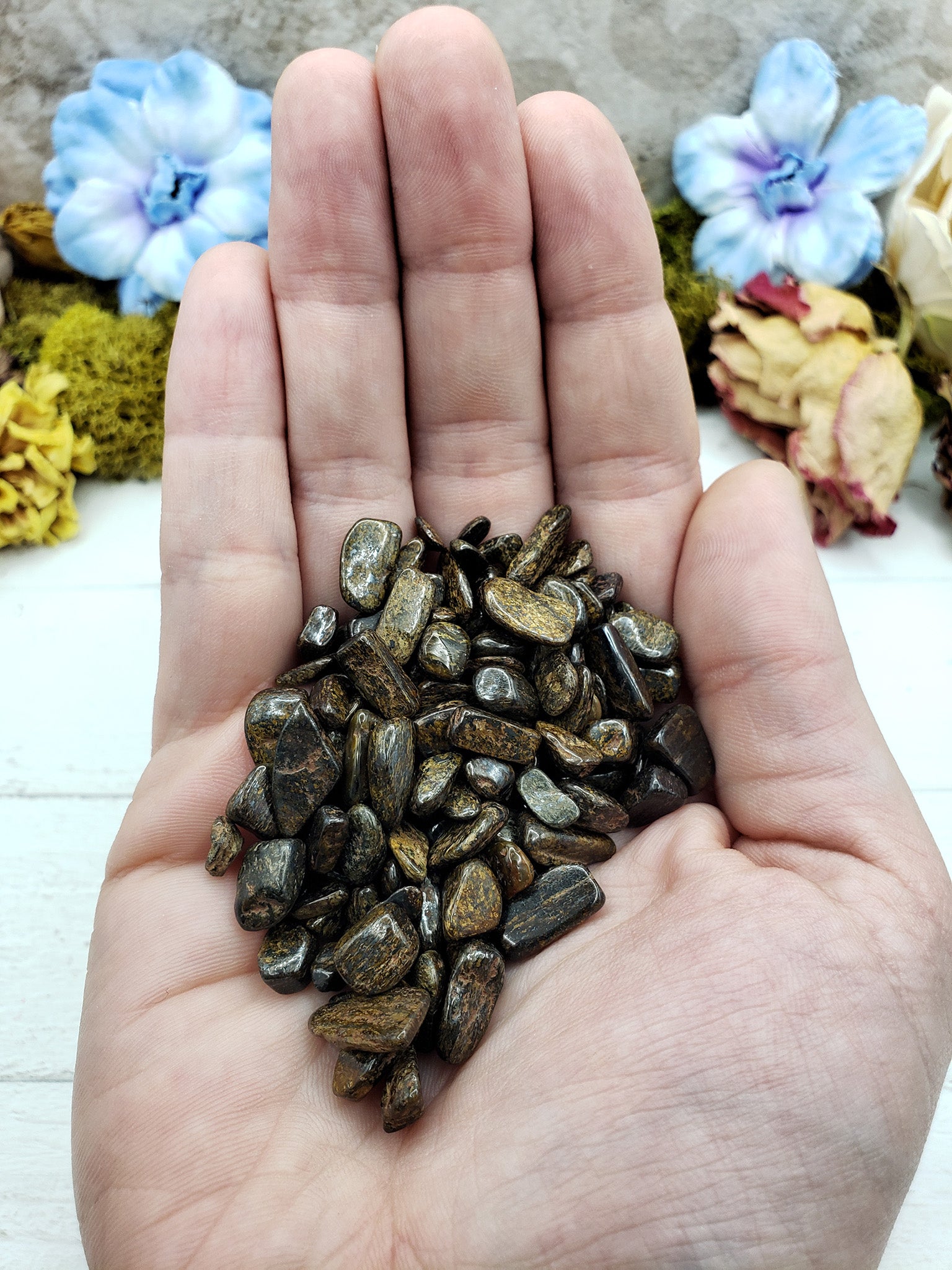 hand holding three ounces of bronzite chips