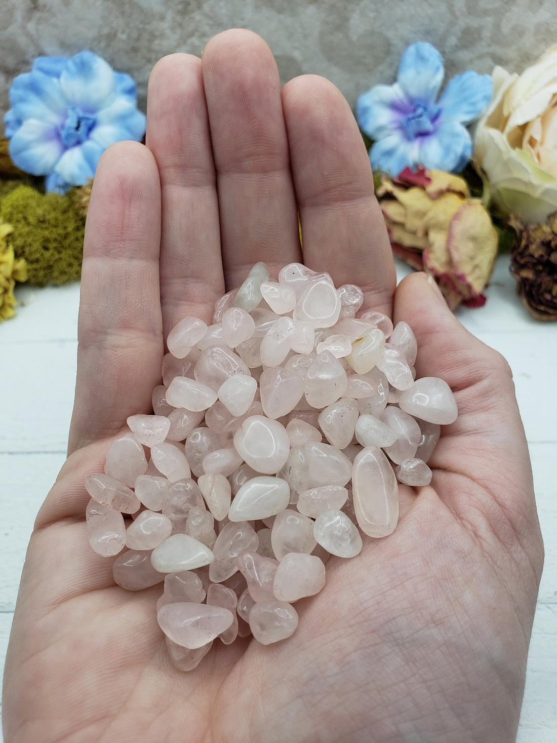 hand holding three ounces of rose quartz crystal chips