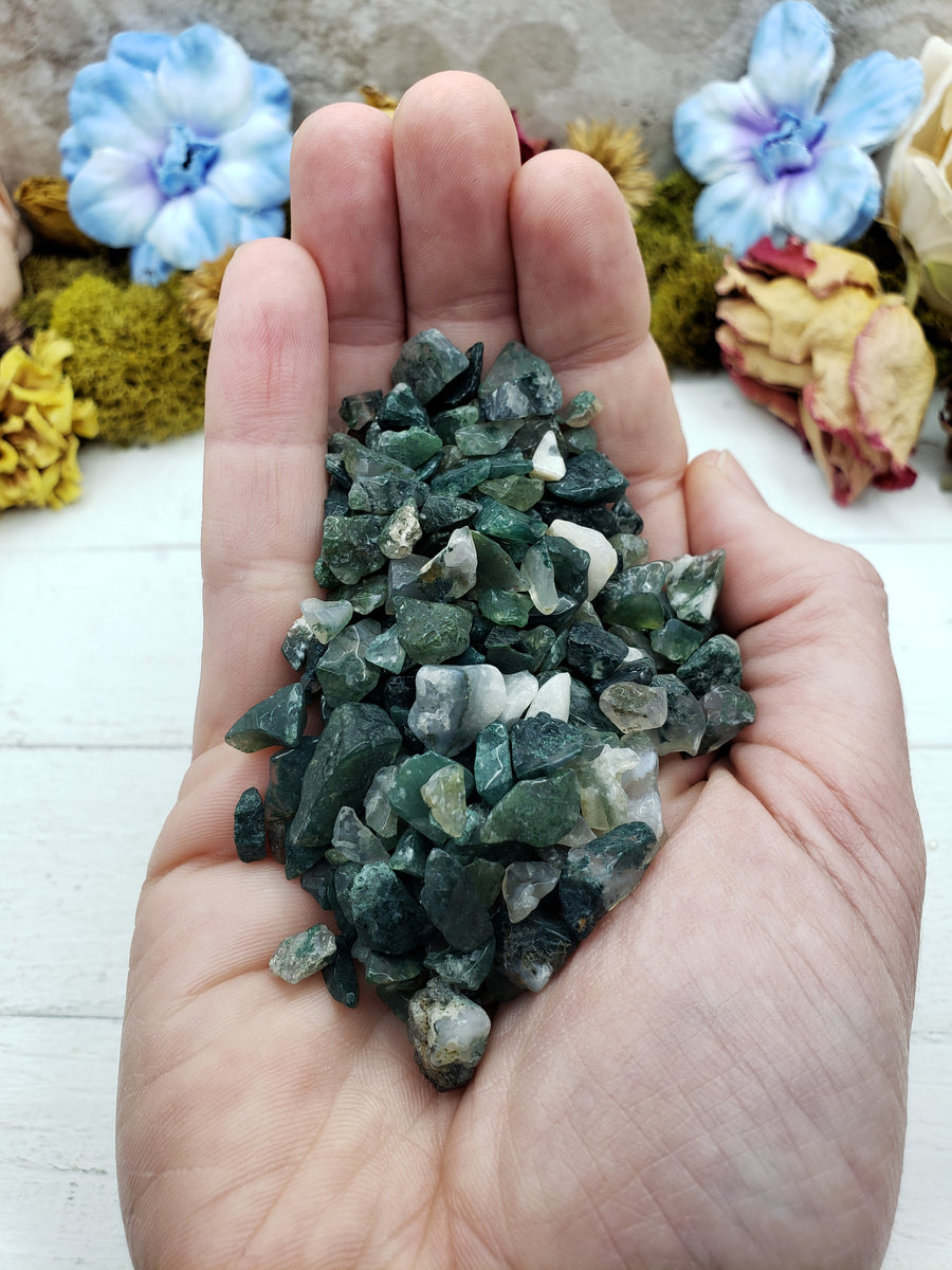 Three ounces of green moss agate chips in hand