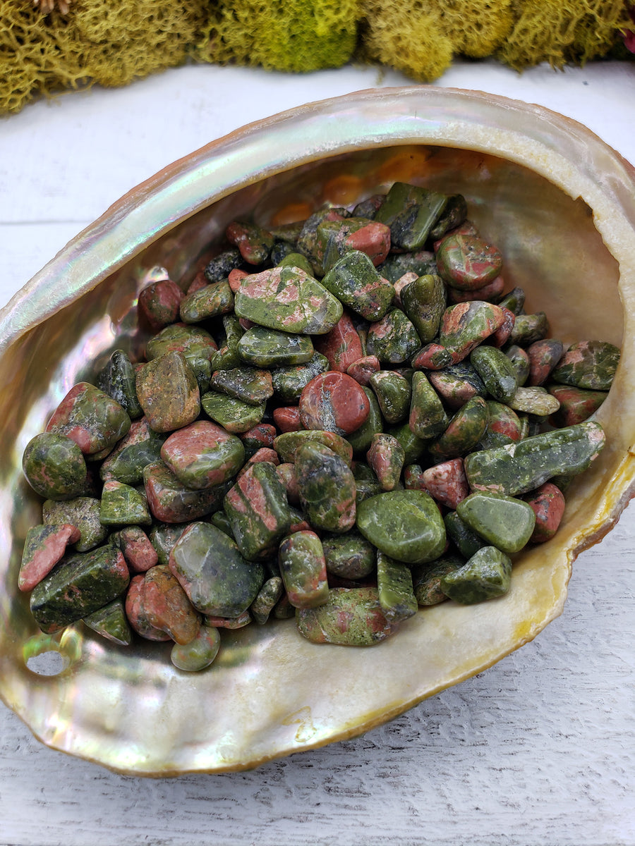 three ounces of unakite stone chips in abalone shell