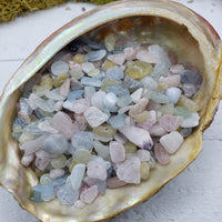 Three ounces of morganite stone chips in abalone shell