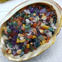Three ounces of mixed gemstone crystal chips in abalone shell