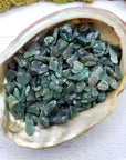 Green aventurine chips in abalone shell