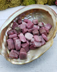 Three ounces of pebble-sized rhodonite chips in abalone shell 