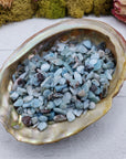 Three ounces of larimar chips in abalone shell