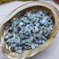 Three ounces of larimar chips in abalone shell