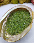 three ounces of peridot stone chips in abalone shell