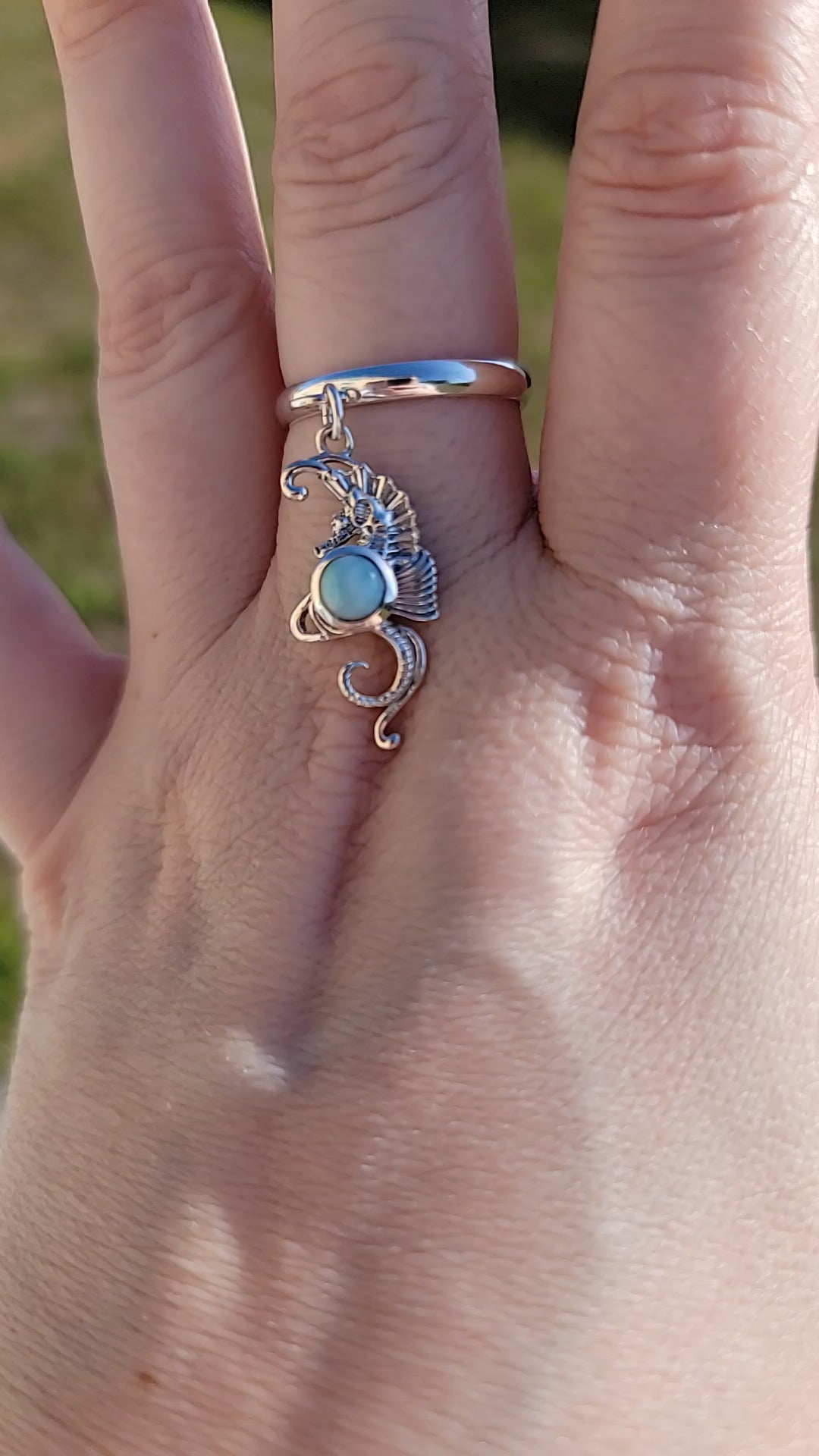 Sterling Silver Seahorse Larimar Charm Handmade Ring