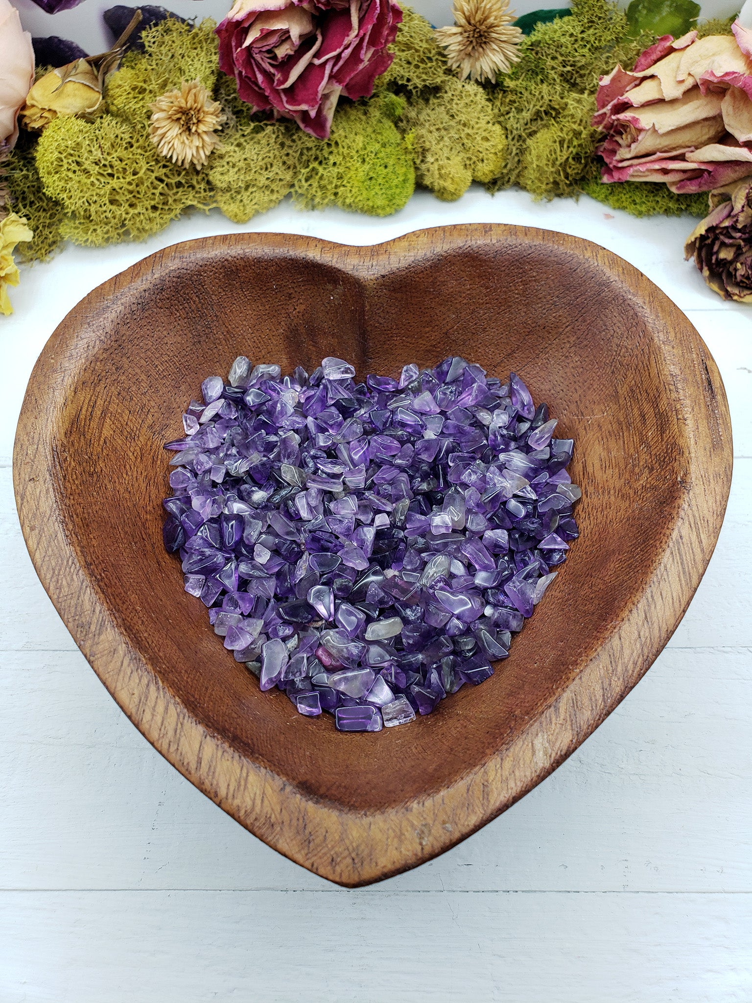 four ounces of amethyst stone chips in bowl