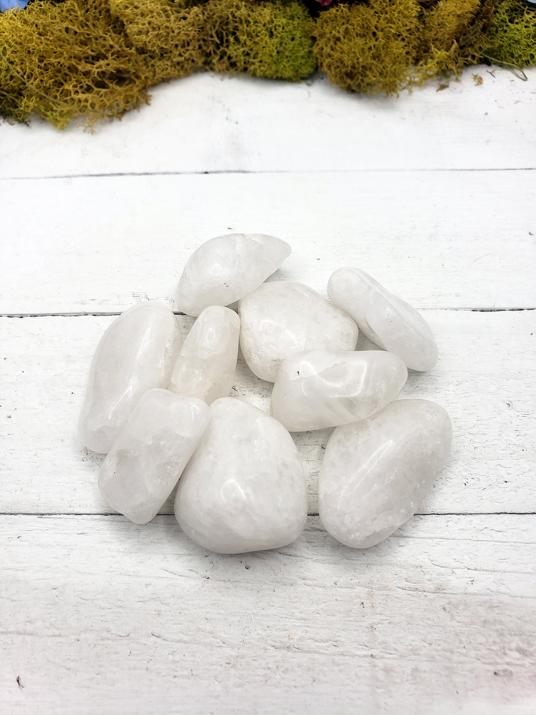 Milky quartz stones on display