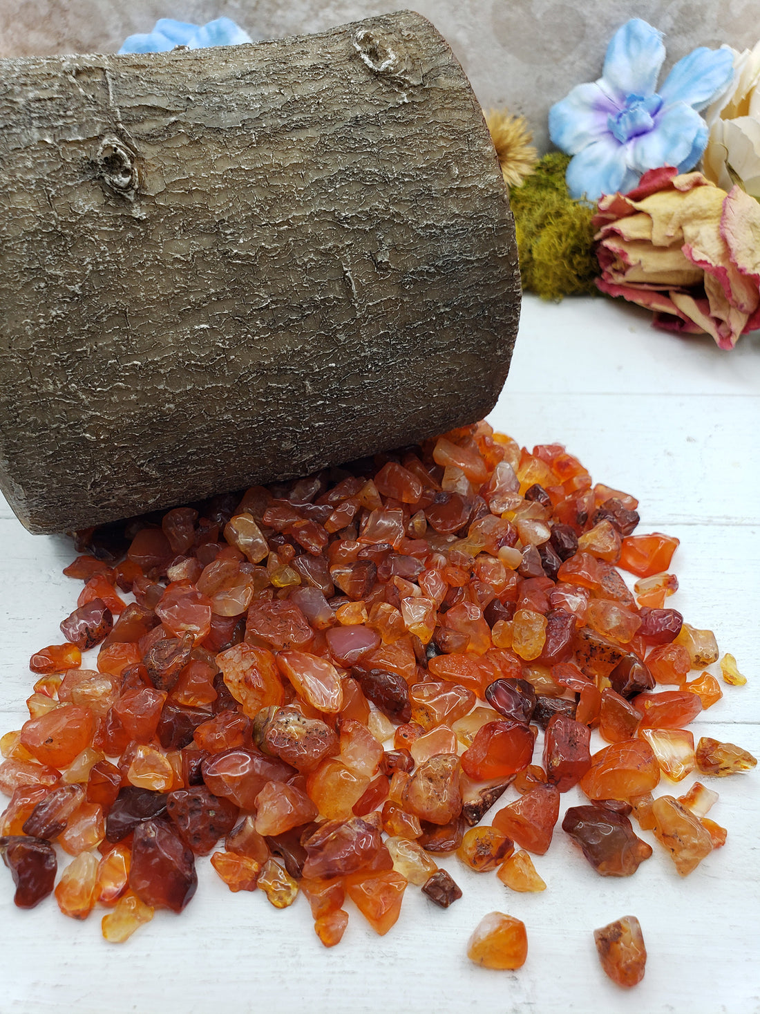 five ounces of carnelian stone chips on display