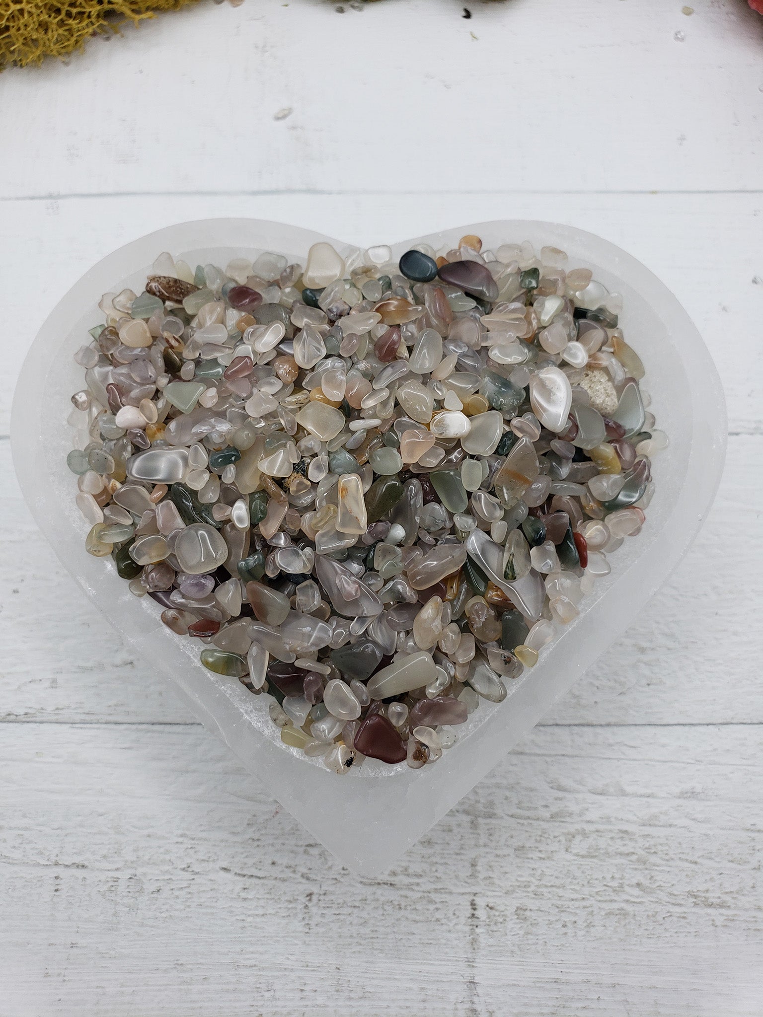 Five ounces of mixed agate crystal chips in selenite bowl