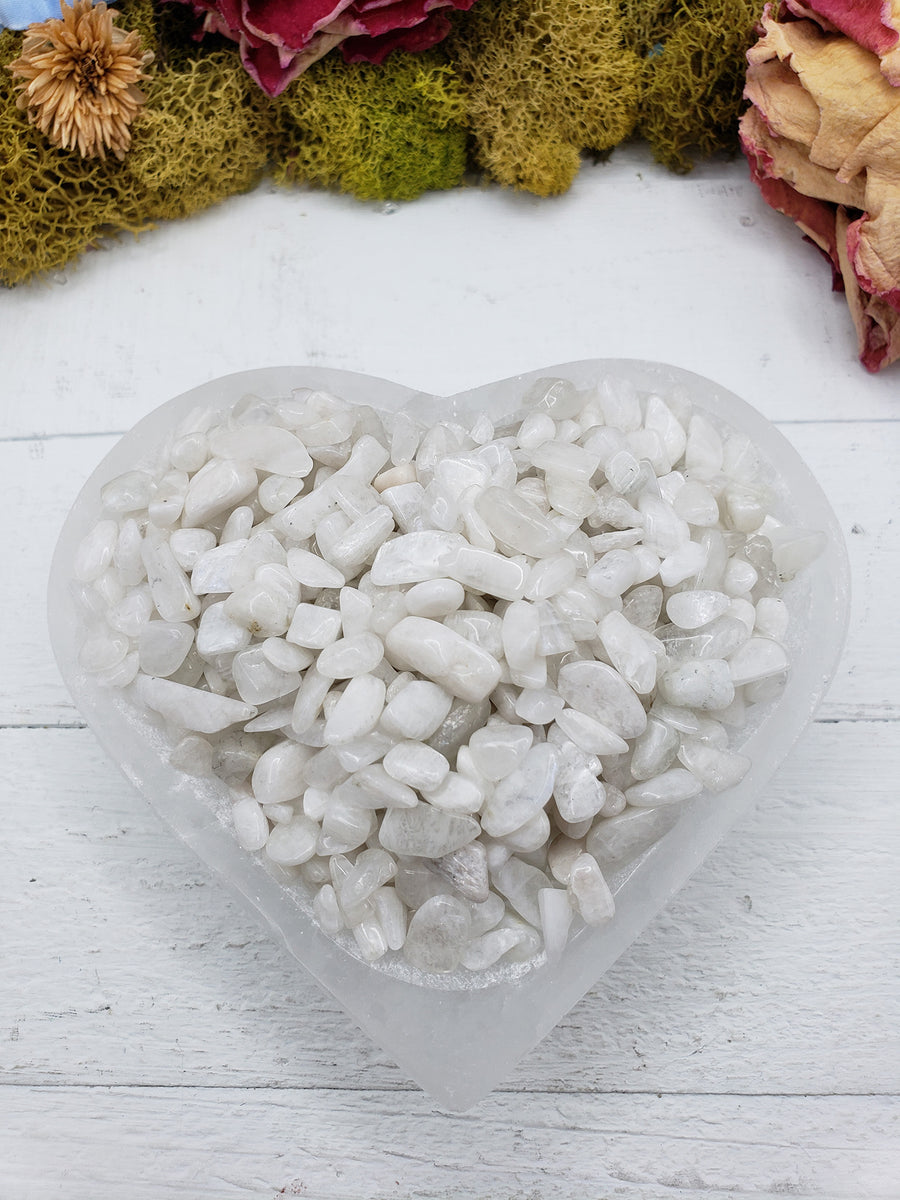 Five ounces of rainbow moonstone chips in selenite bowl