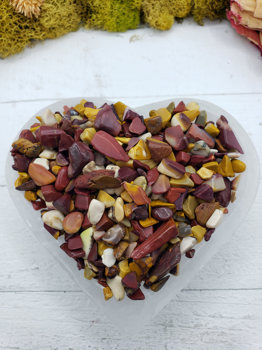Five ounces of mookaite jasper chips in selenite bowl