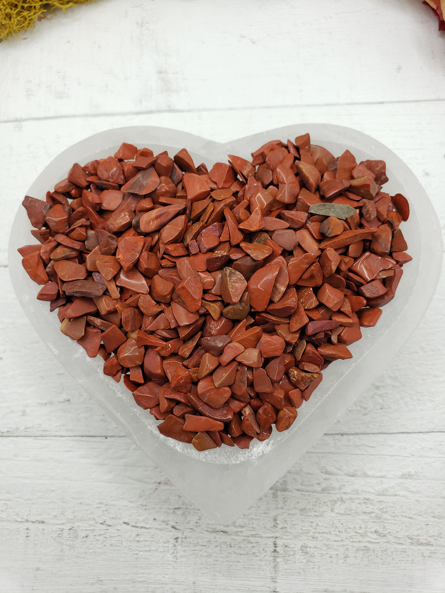 selenite bowl with five ounces of red jasper stone chips