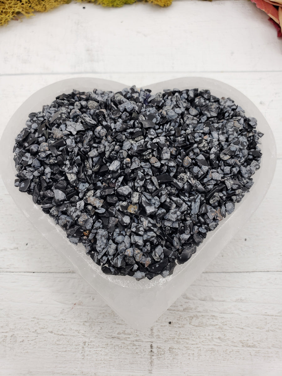 five ounces of snowflake obsidian chips in selenite bowl