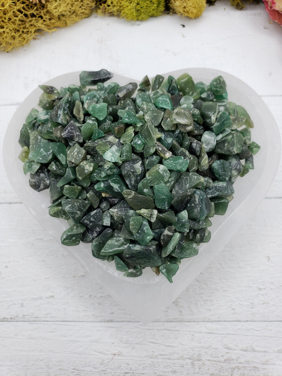 Five ounces of green aventurine chips in selenite bowl