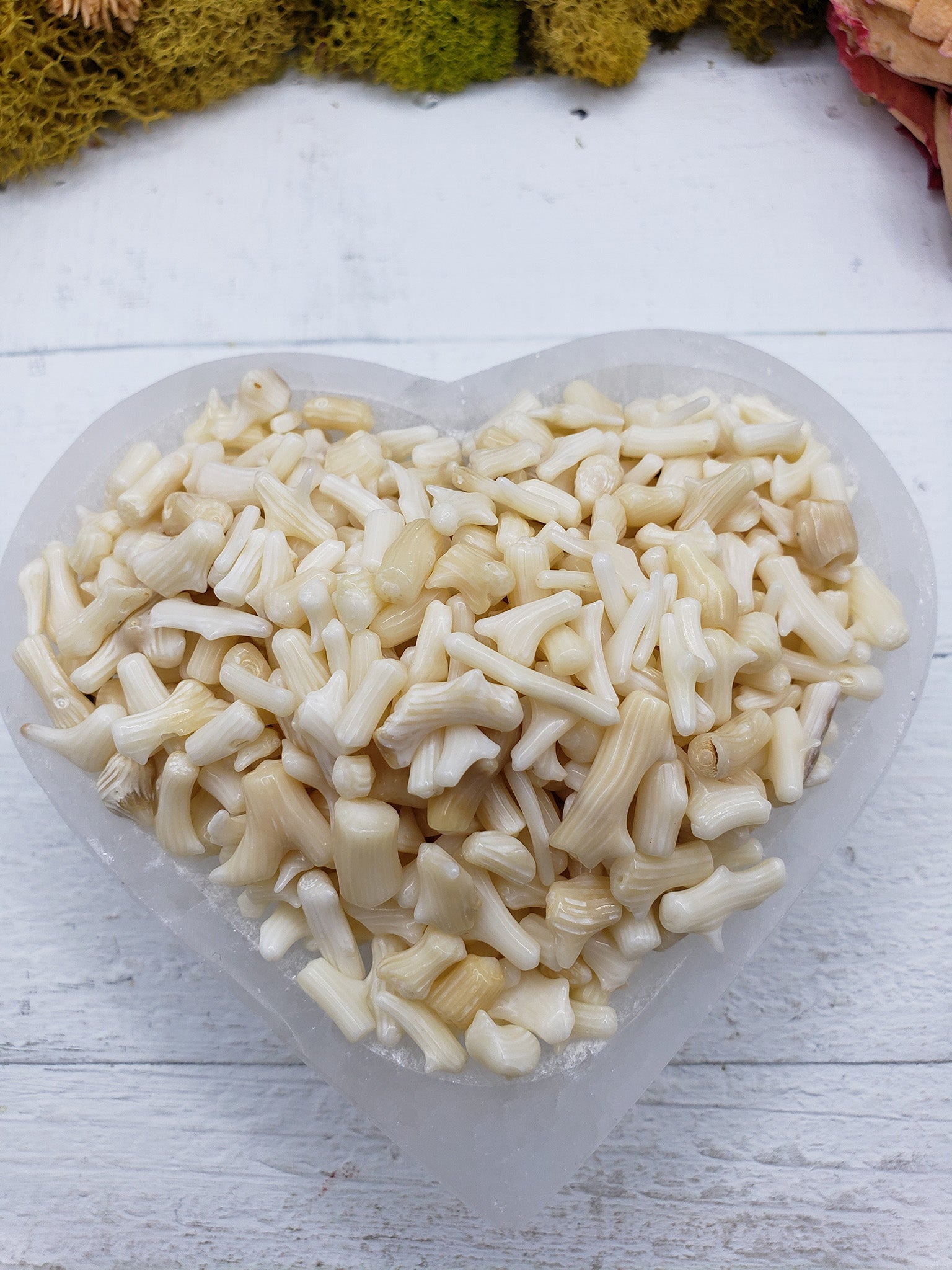 five ounces of bamboo coral chips in selenite bowl