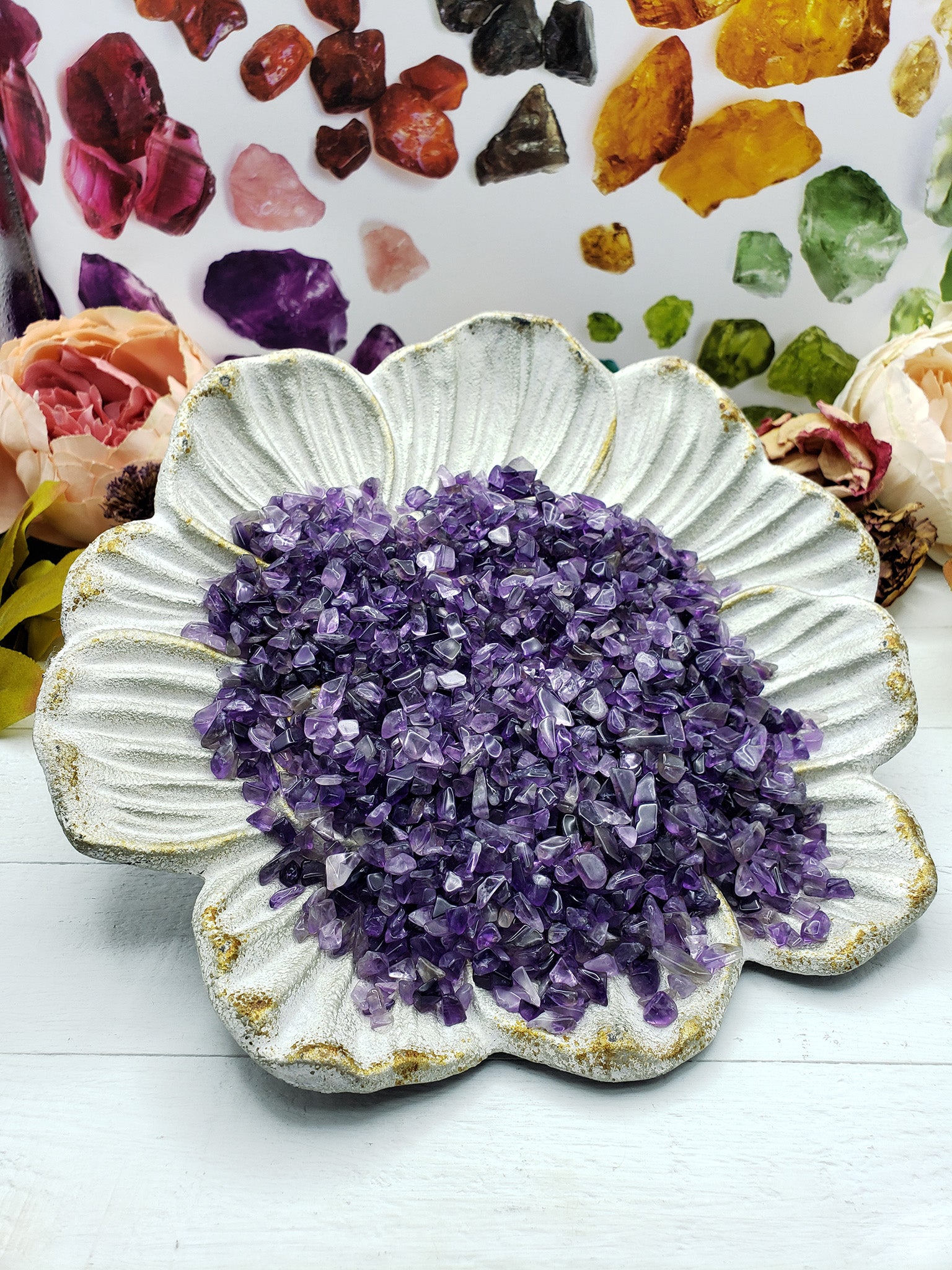 six ounces of amethyst stone chips on prop display