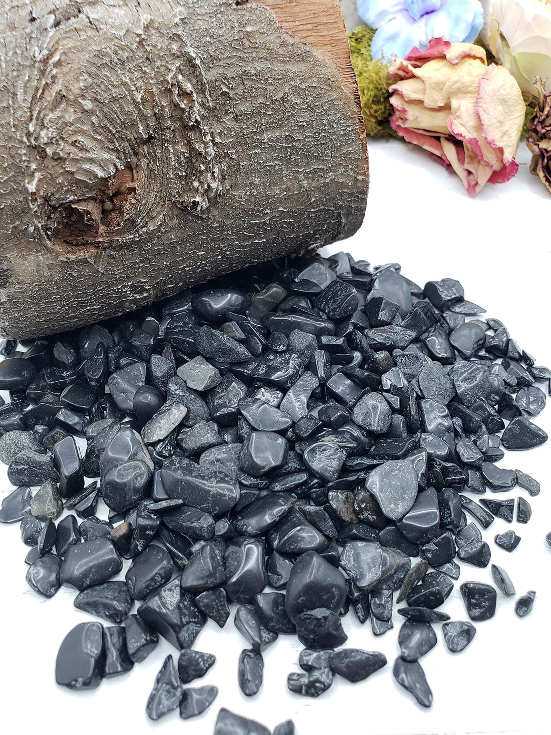six ounces of black tourmaline chips on display