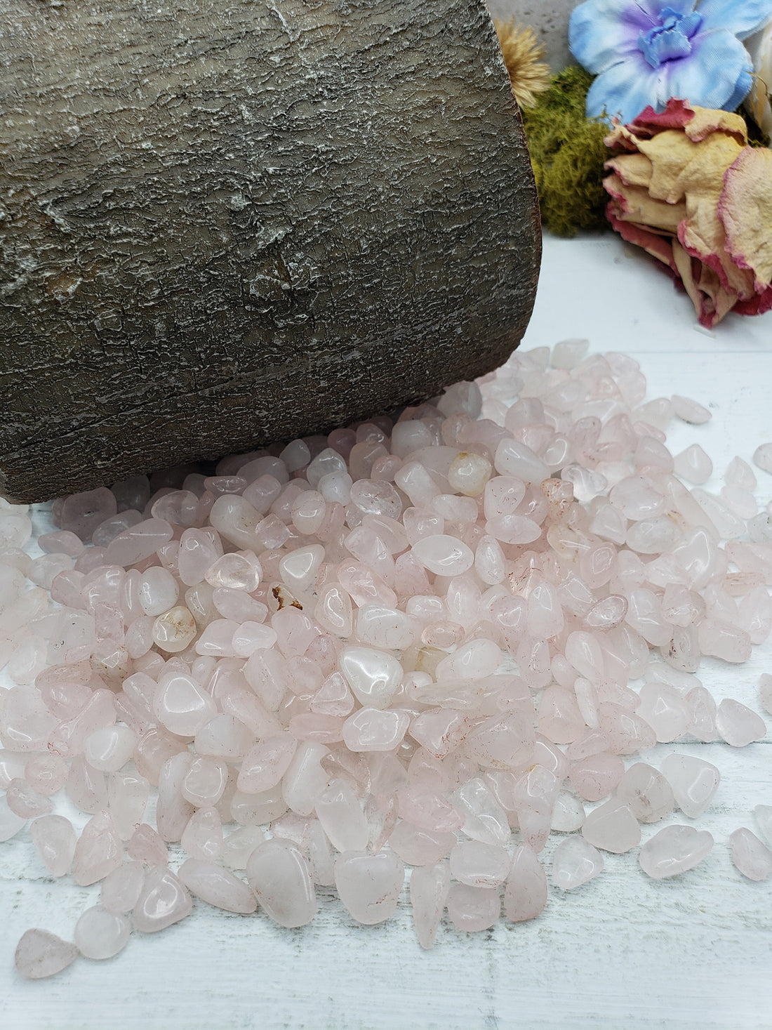 six ounces of rose quartz chips on display