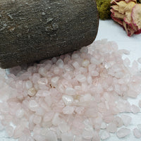 six ounces of rose quartz chips on display