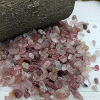 six ounces of strawberry quartz chips on display