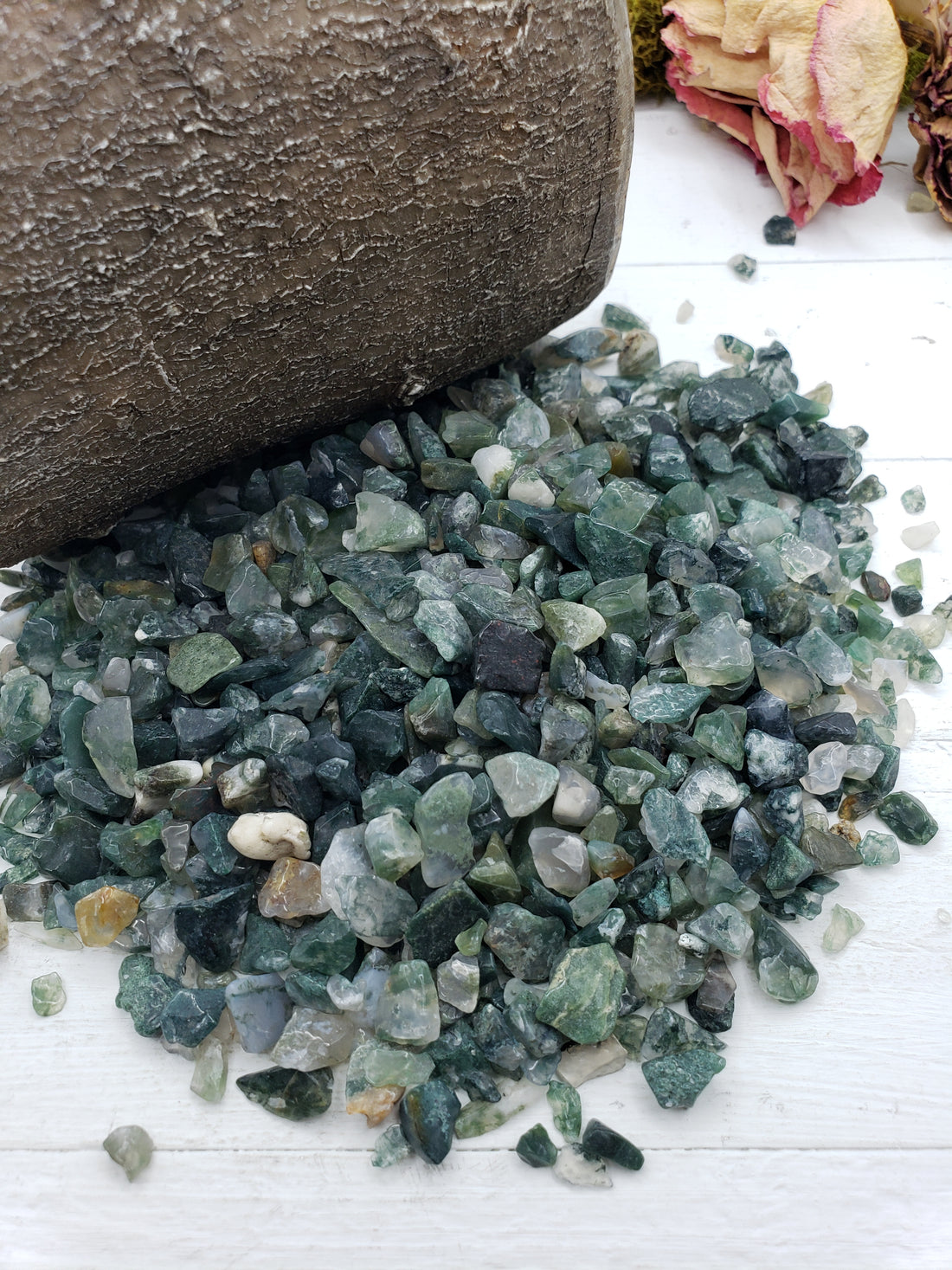 Six ounces of green moss agate chips on display