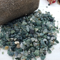 Six ounces of green moss agate chips on display